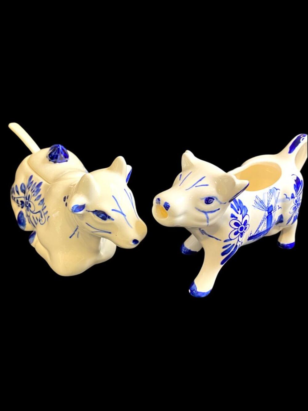 Vintage Delft Style Figural Cow Creamer and Sugar Set Windmill Design